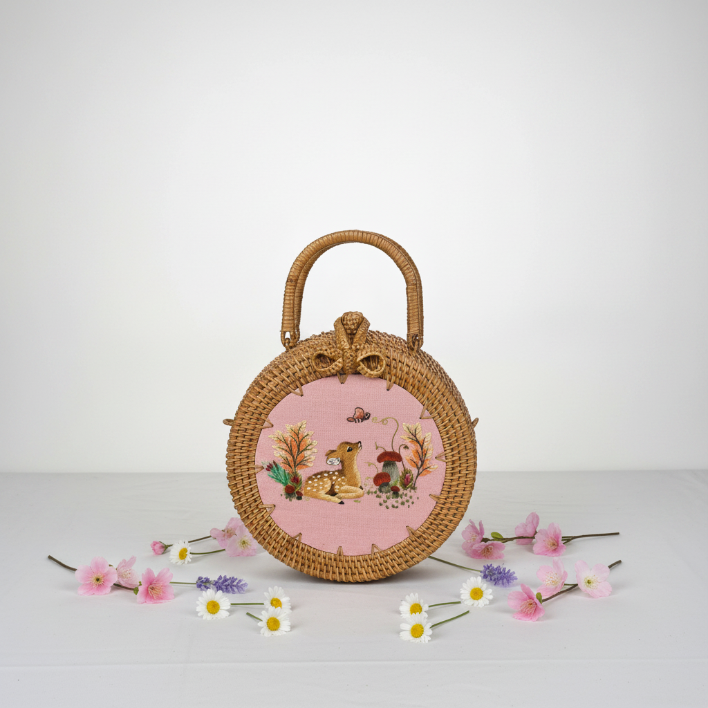 Circle Rattan Purse - Fawn in the Meadow - Flowers