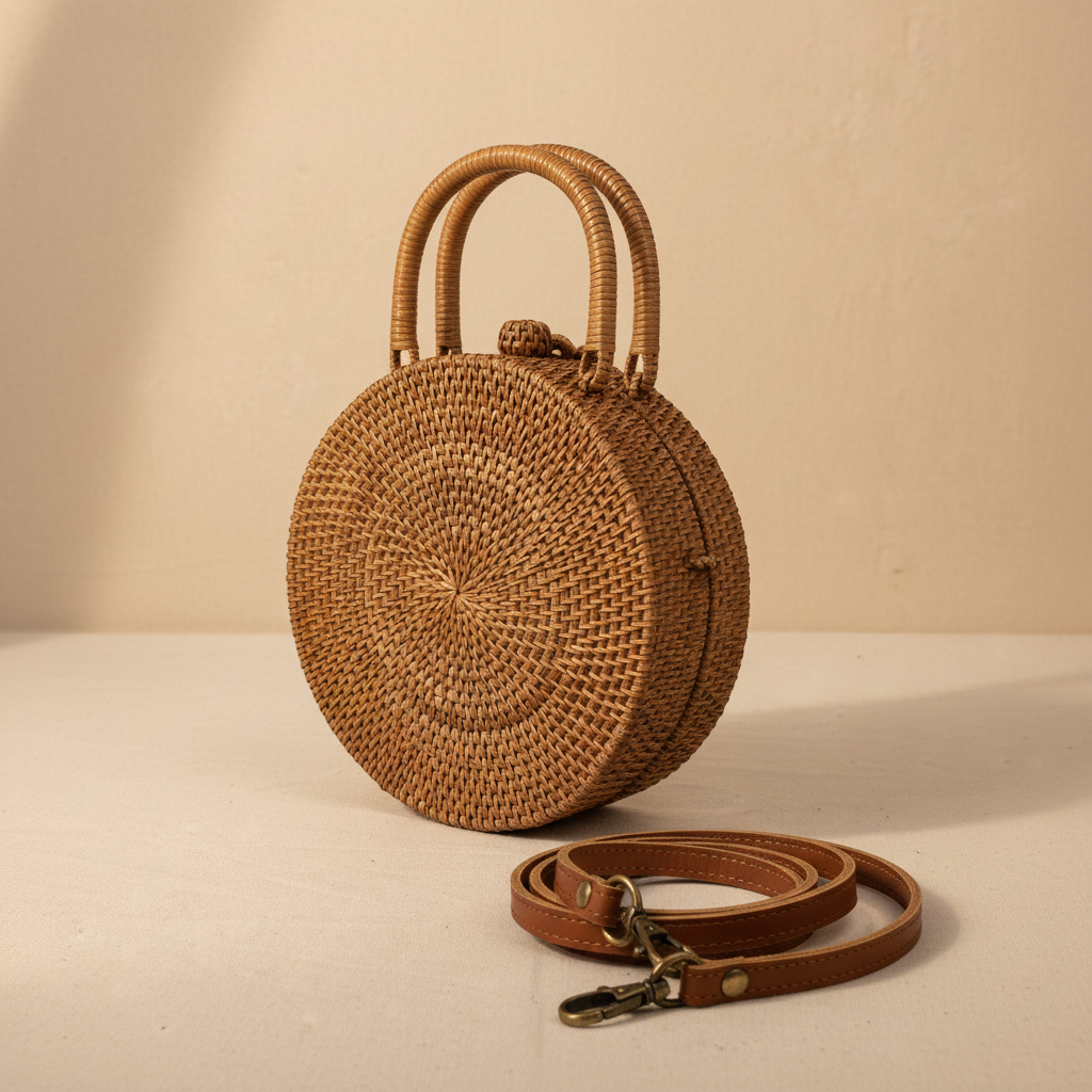 Circle Rattan Purse - Hibiscus Noir - Side Depth