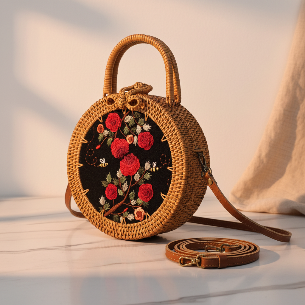 Circle Rattan Purse - Red Roses Bloom - Side Depth Strap