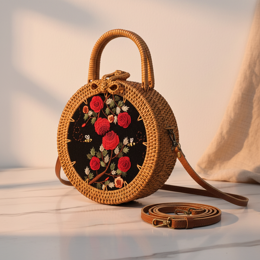 Circle Rattan Purse - Red Roses Bloom - Side Depth Strap