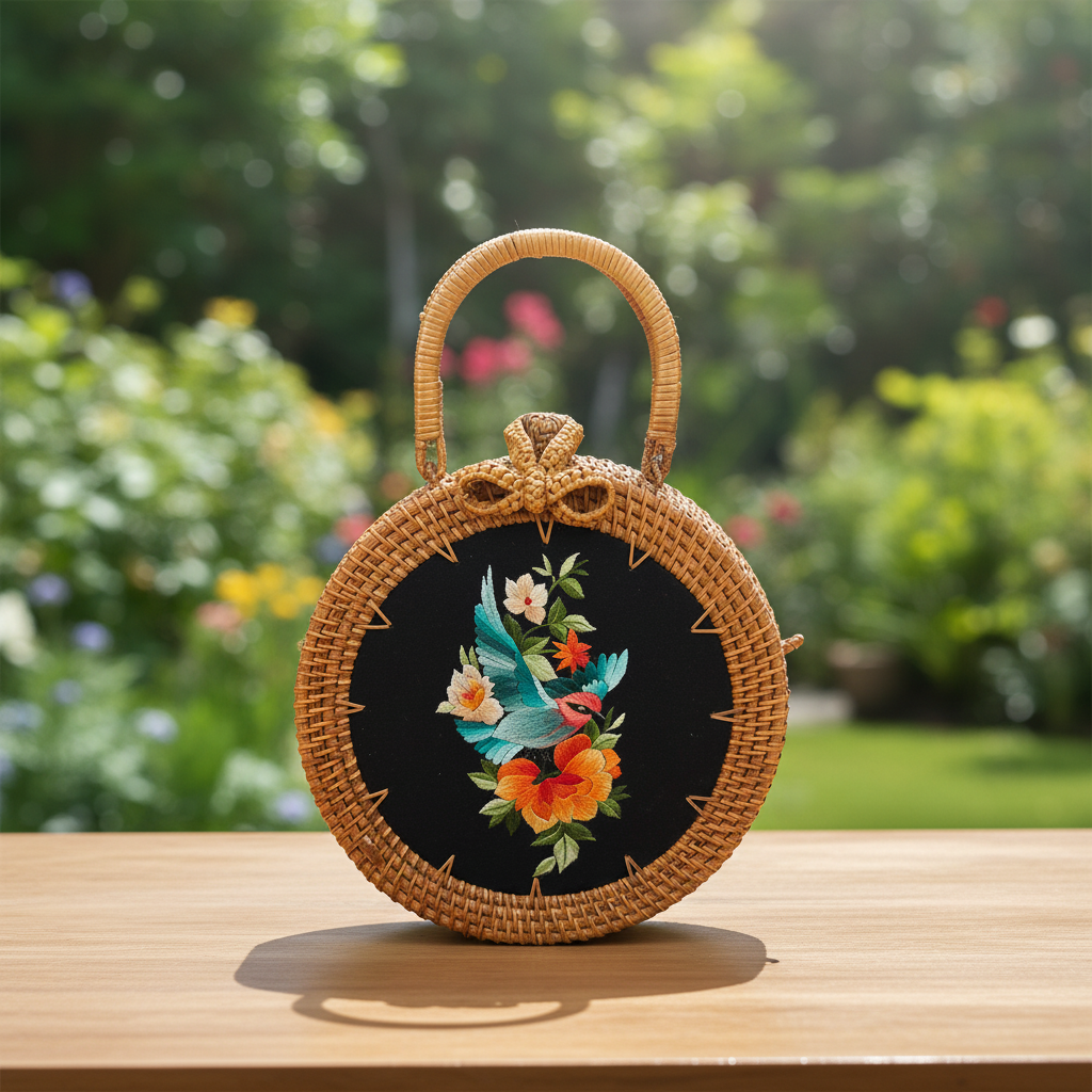 Circle Rattan Purse - Tropical Songbird - Garden 1