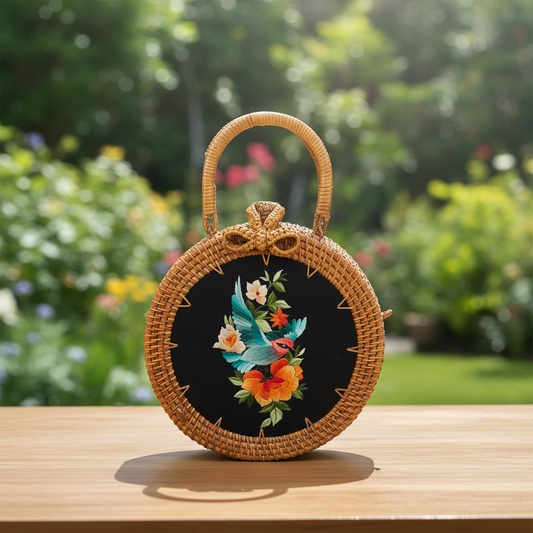 Circle Rattan Purse - Tropical Songbird - Garden 1