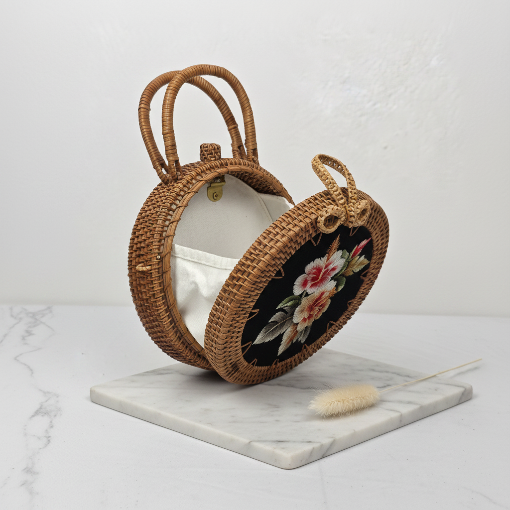 Circle Rattan Purse - Hibiscus Noir - Interior Reveal