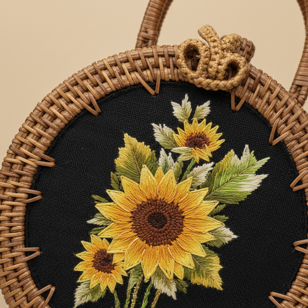 Circle Rattan Purse - Sunflower Bouquet - Embroidery Close-up
