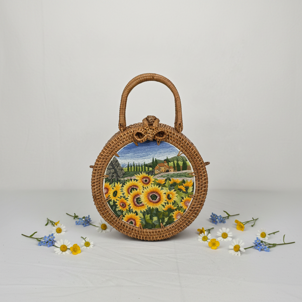 Circle Rattan Purse - Sunflower Meadow - Flowers