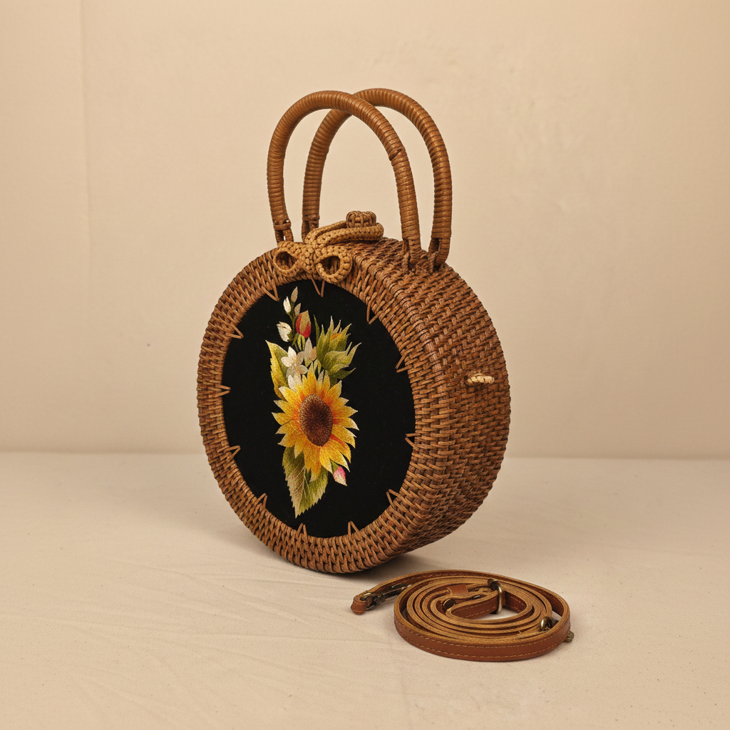 Circle Rattan Purse - Sunflower Bouquet - Side Depth