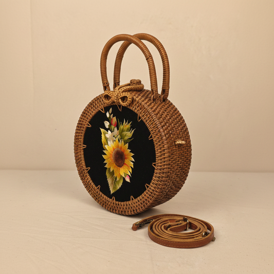Circle Rattan Purse - Sunflower Bouquet - Side Depth
